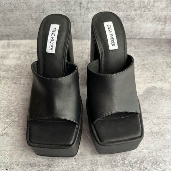STEVE MADDEN TRIXIE BLACK LEATHER PLATFORM BLOCK HEEL SANDALS SIZE 9.5 - Picture 5 of 12